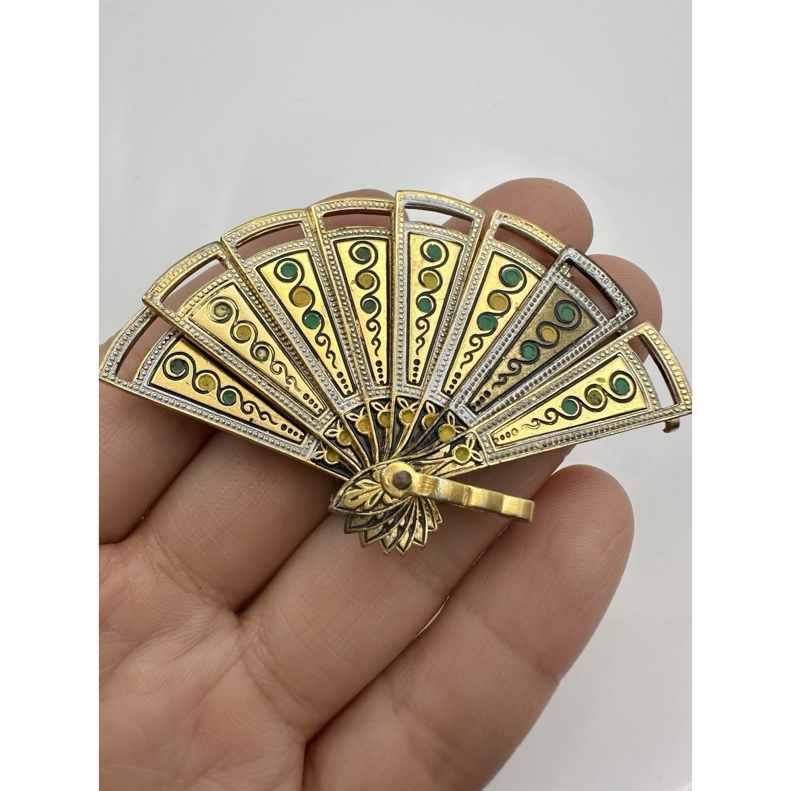 Vintage Damascene Fan Pendant Brooch Toledo Spain Articulated Gold Tone